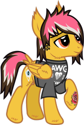 Size: 860x1279 | Tagged: safe, artist:lightningbolt, derpibooru exclusive, imported from derpibooru, pegasus, pony, .svg available, alex gaskarth, all time low, butt fluff, cheek fluff, clothes, dyed mane, dyed tail, ear fluff, folded wings, hair over one eye, hoof fluff, lidded eyes, ponified, raised hoof, shirt, show accurate, simple background, smiling, solo, standing, svg, t-shirt, tail, tail feathers, tattoo, transparent background, vector, wing fluff, wings