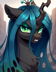 Size: 1792x2304 | Tagged: safe, imported from derpibooru, queen chrysalis, changeling, changeling queen, ai content, ai generated, angry, chest fluff, cute, disgusted, ear fluff, female, generator:pony diffusion v6 xl, generator:stable diffusion, horn, long eyelashes, looking at you, outdoors, prompter:ramprover, solo, teeth