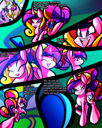 Size: 2400x3000 | Tagged: safe, artist:keytee-chan, imported from derpibooru, princess cadance, princess celestia, twilight sparkle, alicorn, pony, unicorn, comic:great big fusion 4: mother of all, ^^, age regression, comic, eyes closed, female, glowing, glowing horn, grave, grin, horn, implied applejack, implied pear butter, lidded eyes, lipstick, lonely, magic, mare, open mouth, open smile, sad, smiling, sun, trio, twilight sparkle (alicorn), young cadance, younger