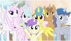 Size: 1946x1125 | Tagged: safe, artist:equestriaexploration, imported from derpibooru, alula, fleur-de-lis, lemon hearts, pluto, princess erroria, rivet, steam roller (g4), oc, oc:meadow step, alicorn, pony, 4chan, alicornified, elements of justice, fleur-de-corne, lemoncorn, race swap, rivetcorn, steamcorn