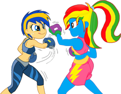 Size: 1262x979 | Tagged: safe, artist:shieldwingarmorofgod, imported from derpibooru, oc, oc only, oc:flare spark, oc:royal strength, human, equestria girls, boxing, boxing gloves, female, simple background, sports, transparent background