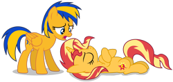 Size: 9355x4464 | Tagged: safe, artist:creedyboy124, imported from derpibooru, sunset shimmer, oc, oc:flare spark, pegasus, pony, unicorn, base used, canon x oc, female, flareset, horn, lesbian, lying down, mare, pegasus oc, shipping, simple background, transparent background, vector, wings