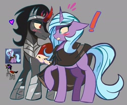 Size: 2048x1698 | Tagged: safe, artist:billtism, idw, imported from derpibooru, king sombra, radiant hope, pony, unicorn, armor, blushing, cape, clothes, exclamation point, female, gray background, heart, hopebra, horn, looking at each other, looking at someone, male, shipping, simple background, straight