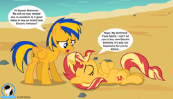 Size: 7701x4395 | Tagged: safe, artist:creedyboy124, imported from derpibooru, sunset shimmer, oc, oc:flare spark, pegasus, pony, unicorn, asking for it, base used, beach, canon x oc, dialogue, female, flareset, horn, lesbian, lying down, mare, pegasus oc, shipping, wings