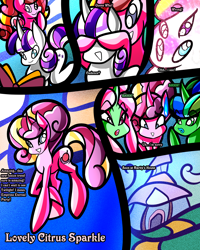 Size: 2400x3000 | Tagged: safe, artist:keytee-chan, imported from derpibooru, pear butter, princess cadance, twilight velvet, oc, oc:lovely citrus sparkle, oc:lovely pear, unnamed oc, earth pony, pony, unicorn, comic:great big fusion 4: mother of all, anime sweat drop, book, comic, covering, covering eyes, embarrassed, female, fusion, fusion:pear butter, fusion:princess cadance, fusion:twilight velvet, grin, guess who, hoof over mouth, horn, implied rarity, library, mare, rarity's house, reading, shhh, smiling, sweat, sweatdrop, transformation