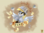 Size: 2400x1800 | Tagged: safe, artist:darksly, imported from derpibooru, derpy hooves, pegasus, pony, banner, bubble, colander, commission, cute, derpabetes, female, grin, letter, mare, smiling, solo, spread wings, tattoo, wings
