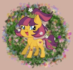 Size: 2193x2100 | Tagged: safe, artist:elmer157typhlosion, imported from ponybooru, earth pony, pony, bandaid, female, flower, flower in hair, heart, leaf, looking at you, maggie joy, mare, open mouth, open smile, side view, smiling, smiling at you, solo, turned head