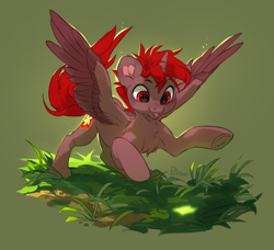 Size: 2400x2193 | Tagged: safe, artist:graypillow, imported from derpibooru, oc, oc:hardy, alicorn, pony, behaving like a cat, chest fluff, dynamic pose, full body, grass, heart ears, high res, male, solo, spread wings, stallion, wings
