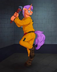 Size: 1800x2299 | Tagged: safe, artist:birdoffnorth, imported from derpibooru, oc, oc only, anthro, unguligrade anthro, unicorn, boots, cheek fluff, clothes, commission, glasses, high res, horn, jumpsuit, male, neck fluff, pipe wrench, round glasses, shoes, solo, stallion, standing, standing on one leg, wrench