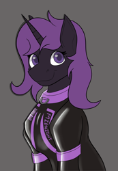 Size: 1130x1636 | Tagged: safe, anonymous artist, imported from derpibooru, oc, oc only, pony, unicorn, collar, female, fireheart76's latex suit design, gray background, horn, latex, latex suit, mare, prisoners of the moon, rubber, rubber suit, simple background, solo, style emulation