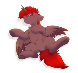 Size: 3375x3169 | Tagged: safe, artist:mariashek, imported from derpibooru, oc, oc only, oc:hardy, alicorn, pony, belly, belly fluff, blushing, chest fluff, featureless crotch, full body, high res, looking at you, lying down, male, on back, simple background, solo, spread legs, spread wings, spreading, stallion, underhoof, white background, wings