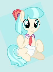 Size: 800x1080 | Tagged: artist needed, safe, imported from derpibooru, coco pommel, earth pony, pony, abdl, base used, diaper, female, mare, sitting, smiling, solo