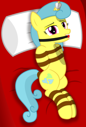 Size: 2900x4300 | Tagged: safe, artist:cardshark777, imported from derpibooru, lemon hearts, pony, unicorn, ballgag, bed, bed sheets, bondage, bound and gagged, female, femsub, gag, heart, helpless, hooves behind back, horn, horn ring, jewelry, lidded eyes, looking at you, lying down, magic suppression, mare, pillow, ring, rope, rope bondage, smiling, solo, submissive, tied up