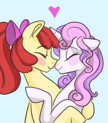 Size: 1794x2048 | Tagged: source needed, safe, artist:smirk, imported from derpibooru, apple bloom, sweetie belle, earth pony, unicorn, adorabloom, cute, diasweetes, duo, duo female, female, horn, hug, lesbian, mare, nose to nose, older, older apple bloom, older sweetie belle, shipping, simple background, sweetiebloom