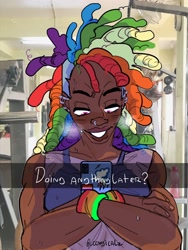 Size: 3024x4032 | Tagged: safe, artist:ccnyicalz, imported from derpibooru, rainbow dash, human, bracelet, cellphone, clothes, dreadlocks, gym, humanized, jewelry, lotion, muscles, nose piercing, nose ring, phone, piercing, race swap, tanktop, text