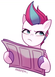 Size: 1083x1510 | Tagged: safe, artist:maren, imported from derpibooru, zipp storm, pegasus, pony, female, frown, g5, mare, newspaper, simple background, solo, unamused, white background, zipp storm is not amused