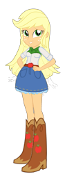 Size: 635x1693 | Tagged: safe, artist:qbert2kcat, imported from derpibooru, applejack, equestria girls, arms, belt, boots, breasts, bust, button-up shirt, clothes, denim skirt, fingers, freckles, hand, hand on hip, happy, high heel boots, legs, long hair, shirt, shoes, short sleeves, simple background, skirt, smiling, solo, standing, teenager, teeth, transparent background