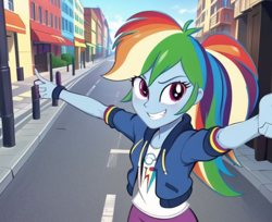 Size: 776x634 | Tagged: safe, imported from derpibooru, rainbow dash, equestria girls, ai content, ai generated, city, clothes, female, hoodie, jacket, ponytail, prompter:bigfanbud123, shirt, smiling, solo, street, t-shirt