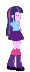 Size: 721x1685 | Tagged: safe, artist:qbert2kcat, imported from derpibooru, twilight sparkle, human, equestria girls, arms, blouse, boots, bowtie, clothes, crossed arms, female, fingers, hand, happy, high heel boots, legs, long hair, puffy sleeves, rear view, simple background, skirt, smiling, socks, solo, standing, teenager, teeth, transparent background