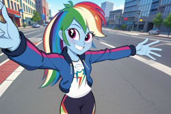 Size: 768x512 | Tagged: safe, imported from derpibooru, rainbow dash, human, equestria girls, ai content, ai generated, city, clothes, female, hoodie, jacket, pants, prompter:bigfanbud123, shirt, smiling, solo, street, t-shirt