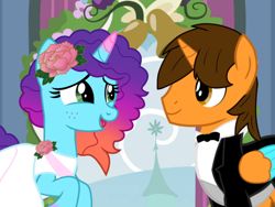 Size: 1024x768 | Tagged: safe, artist:bluemario11, imported from derpibooru, oc, oc:ej, alicorn, unicorn, bride, clothes, dress, duo, duo male and female, female, g5, g5 to g4, generation leap, groom, horn, male, marriage, misty brightdawn, shipping, wedding, wedding dress, wedding suit