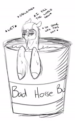 Size: 1174x1920 | Tagged: safe, artist:asklevee, imported from derpibooru, oc, oc:levee, pony, bad horse, bucket, male, monochrome, solo, stallion, vulgar