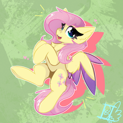 Size: 2000x2000 | Tagged: safe, artist:jubyskylines, imported from derpibooru, fluttershy, pegasus, pony, abstract background, blush scribble, blushing, colored wings, colored wingtips, emanata, female, floating heart, fluffy, green background, heart, hooves together, looking at you, mare, multicolored wings, open mouth, open smile, outline, partially open wings, signature, simple background, smiling, smiling at you, solo, sparkly hair, sparkly wings, underhoof, wings