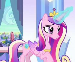 Size: 1289x1080 | Tagged: safe, imported from derpibooru, screencap, princess cadance, alicorn, pony, the crystal empire, bags under eyes, concave belly, cropped, crown, crystal castle, crystal empire, exhausted, eyebrows, female, folded wings, glowing, glowing horn, horn, jewelry, long mane, mare, open mouth, peytral, regalia, slender, solo, standing, thin, tired, wings
