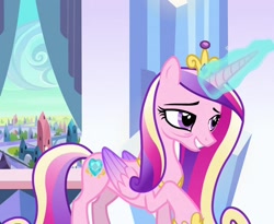 Size: 1320x1080 | Tagged: safe, imported from derpibooru, screencap, princess cadance, alicorn, pony, the crystal empire, bags under eyes, concave belly, cropped, crown, crystal castle, crystal empire, exhausted, eyebrows, female, folded wings, glowing, glowing horn, horn, jewelry, long mane, mare, open mouth, peytral, regalia, slender, solo, standing, thin, tired, wings