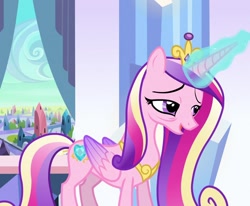 Size: 1310x1080 | Tagged: safe, imported from derpibooru, screencap, princess cadance, alicorn, pony, the crystal empire, bags under eyes, concave belly, cropped, crown, crystal castle, crystal empire, exhausted, eyebrows, female, folded wings, glowing, glowing horn, horn, jewelry, long mane, mare, open mouth, peytral, regalia, slender, solo, standing, thin, tired, wings