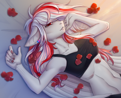 Size: 2818x2292 | Tagged: safe, alternate version, artist:lynex_483, imported from derpibooru, part of a set, oc, oc only, oc:skyshard melody, anthro, pegasus, bed, black bra, black panties, black underwear, bra, clothes, commission, ear piercing, earring, female, jewelry, lying down, mare, on back, panties, piercing, red eyes, red hair, relaxing, rose petals, simple background, smiling, solo, sports bra, underwear, white fur, white hair, wings, ych result