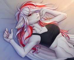 Size: 2818x2292 | Tagged: safe, alternate version, artist:lynex_483, imported from derpibooru, part of a set, oc, oc only, oc:skyshard melody, anthro, pegasus, bed, belly button, belly piercing, black bra, black panties, black underwear, bra, clothes, commission, ear piercing, earring, female, jewelry, lying down, mare, on back, panties, piercing, red eyes, red hair, relaxing, simple background, smiling, solo, sports bra, underwear, white fur, white hair, wings, ych result