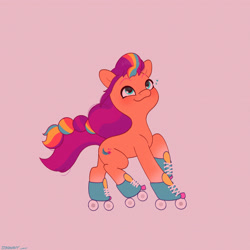 Size: 2480x2480 | Tagged: safe, artist:starburstuwu, imported from derpibooru, sunny starscout, earth pony, pony, blushing, cute, female, g5, high res, looking up, mane stripe sunny, mare, pink background, roller skates, simple background, skates, smiling, solo, sunnybetes, tail, windswept mane, windswept tail
