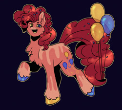 Size: 1869x1680 | Tagged: safe, artist:spenaatti, imported from derpibooru, pinkie pie, earth pony, pony, balloon, black background, colored hooves, female, heterochromia, hooves, mare, multicolored hooves, open mouth, open smile, outline, simple background, smiling, solo, sprinkles in hair, strut