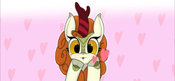 Size: 4029x1863 | Tagged: safe, artist:suryfromheaven, imported from derpibooru, autumn blaze, kirin, gradient background, heart, heart background, heart eyes, hooves, looking at you, love, raised hoof, smooch, solo, wingding eyes