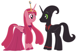 Size: 2800x1928 | Tagged: safe, artist:nathaniel718, imported from derpibooru, alicorn, pony, adventure time, business suit, cartoon network, clothes, couple, crown, dress, female, husband and wife, jewelry, male, mare, nergal, nergal and princess bubblegum, pink mane, princess bubblegum, regalia, simple background, stallion, the grim adventures of billy and mandy, white background