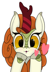 Size: 1339x1864 | Tagged: safe, artist:suryfromheaven, imported from derpibooru, autumn blaze, kirin, heart, hooves, looking at you, simple background, smooch, solo, transparent background