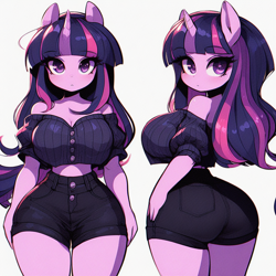 Size: 1024x1024 | Tagged: safe, imported from derpibooru, twilight sparkle, anthro, unicorn, adorasexy, ai content, ai generated, bare shoulders, big breasts, breasts, busty twilight sparkle, butt, clothes, curvy, cute, female, frown, horn, hourglass figure, impossibly thin waist, large butt, looking at you, looking back, looking back at you, midriff, no tail, prompter:horselover fat, sexy, short, short shirt, shorts, shortstack, shoulderless, side view, sideboob, simple background, solo, standing, stupid sexy twilight, thigh gap, turnaround, twibutt, wasp waist, white background, wide hips