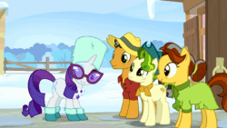 Size: 1080x608 | Tagged: safe, imported from derpibooru, screencap, butternut, oak nut, pistachio, rarity, earth pony, pony, unicorn, animated, blushing, boop, clothes, cute, female, group, hat, horn, male, mare, my little pony best gift ever, pistachiaww, quartet, scarf, stallion, ushanka