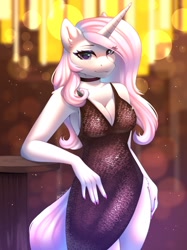 Size: 1535x2048 | Tagged: safe, artist:alphadesu, imported from derpibooru, fleur-de-lis, anthro, unicorn, bedroom eyes, breasts, busty fleur-de-lis, choker, cleavage, clothes, dress, eye clipping through hair, female, hip fluff, horn, leaning, looking at you, mare, shoulder fluff, smiling, solo