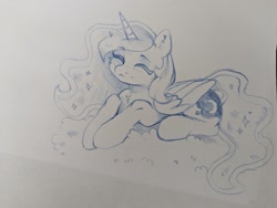 Size: 2048x1542 | Tagged: safe, artist:alphadesu, imported from derpibooru, princess luna, alicorn, pony, cute, eyes closed, grayscale, lunabetes, lying down, monochrome, prone, smiling, solo, traditional art