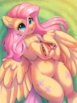 Size: 1535x2048 | Tagged: safe, artist:alphadesu, imported from derpibooru, fluttershy, insect, moth, pegasus, pony, belly button, both cutie marks, cheek fluff, chest fluff, cute, female, hip fluff, legs together, lying down, mare, on back, open mouth, open smile, overhead view, shyabetes, signature, smiling, solo, wide hips