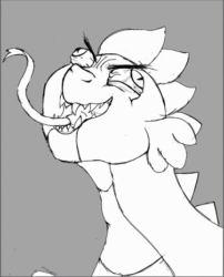 Size: 376x466 | Tagged: safe, artist:whogivesafuck, imported from derpibooru, spike, dragon, animated, clenched fist, excited, eye bulging, faic, forked tongue, gif, hand, shaking, sharp teeth, solo, teeth, tongue out, tongue sheath