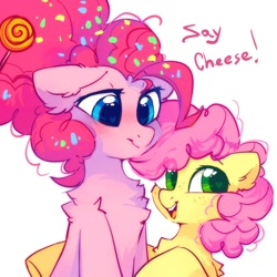 Size: 1700x1700 | Tagged: safe, artist:mirtash, imported from derpibooru, li'l cheese, pinkie pie, earth pony, pegasus, pony, the last problem, blushing, candy, chest fluff, colt, cute, duo, ear fluff, female, fluffy, foal, food, freckles, heart, heart eyes, male, older, older pinkie pie, simple background, smiling, white background, wingding eyes