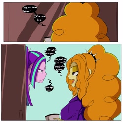 Size: 3000x3000 | Tagged: safe, artist:inuyuru, imported from derpibooru, adagio dazzle, aria blaze, comic:dazzlings' van, equestria girls, angry, clothes, coffee, comic, dialogue, duo, duo female, female, high res, hoodie, morning, speech bubble, text, vulgar