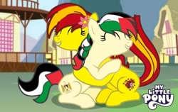 Size: 720x456 | Tagged: safe, artist:pedro720k_izzy_oficial, imported from derpibooru, pony, current events, duo, hug, nation ponies, palestine, ponified, ponyville, spain