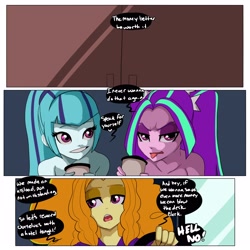 Size: 3000x3000 | Tagged: safe, artist:inuyuru, imported from derpibooru, adagio dazzle, aria blaze, sonata dusk, comic:dazzlings' van, equestria girls, :p, coffee, comic, dialogue, disgusted, driving, female, high res, pigtails, ponytail, speech bubble, text, the dazzlings, the dazzlings tour bus, tongue out, trio, trio female, twintails, varying degrees of want, vulgar