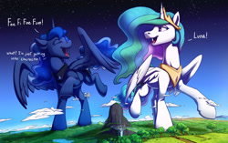 Size: 2000x1252 | Tagged: safe, artist:tsitra360, imported from derpibooru, princess celestia, princess luna, alicorn, pony, canterlot, crown, duo, duo female, fe fi fo fum, female, giant pony, giantess, giantlestia, jewelry, macro, mare, missing accessory, peytral, regalia, royal sisters, siblings, sisters, standing on two hooves, stars