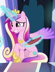 Size: 541x705 | Tagged: safe, imported from derpibooru, screencap, princess cadance, alicorn, pony, the beginning of the end, cropped, crystal castle, crystal empire, magic, quill pen, solo, telekinesis