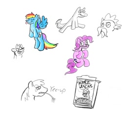 Size: 1220x1220 | Tagged: safe, artist:rusheloc, imported from derpibooru, big macintosh, pinkie pie, rainbow dash, spike, earth pony, pegasus, pony, beard, cereal box, facial hair, female, male, mare, simple background, stallion, white background